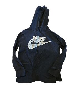 Nike Black Hoodie with Marble-Patterned White Swoosh Size 3t